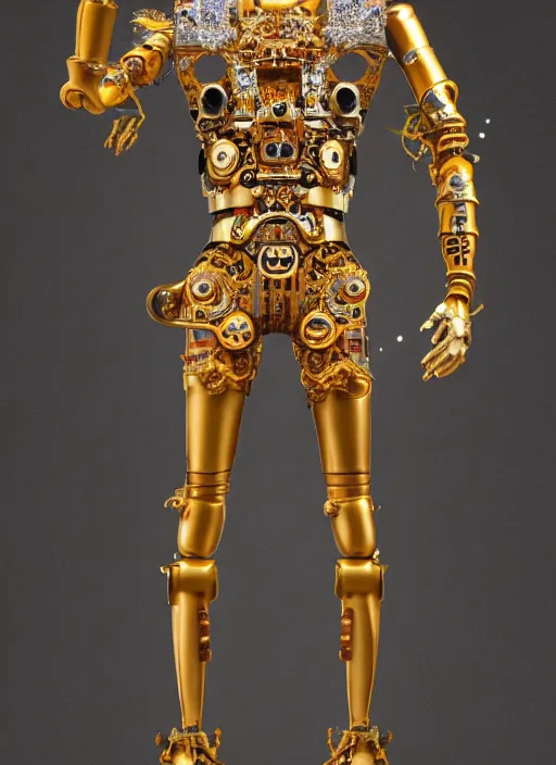 Prompt: baroque and cyberpunk style full-body sculpture of a young seductive Hispanic prince half android with a chest exposing a glowing ruby battery with porcelain arms posed like a model, glowing gold laser eyes, crown of white gears and sparkling diamonds, swirling white-colored silk fabric, robot dinosaurs. modern elements. reflective surfaces. intricate artwork by caravaggio. art by Artgerm and Alphonse Mucha, Trending on artstation, cinematic industrial lighting, photorealistic, octane render, 8k, depth of field, 3D