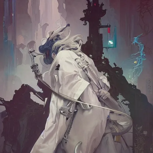 Prompt: white trench coat, technology, fantasy, clothing design, art by joseph leyendecker, peter mohrbacher, ruan jia, marc simonetti, ayami kojima, cedric peyravernay, alphonse mucha, victo ngai