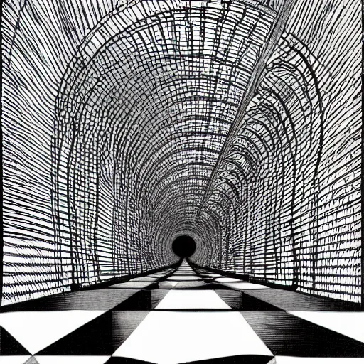 Image similar to computational tunnels, a tunnel complex full of mechanical computers and hooded robots, drawing by jim woodring, junji ito, m.c. escher