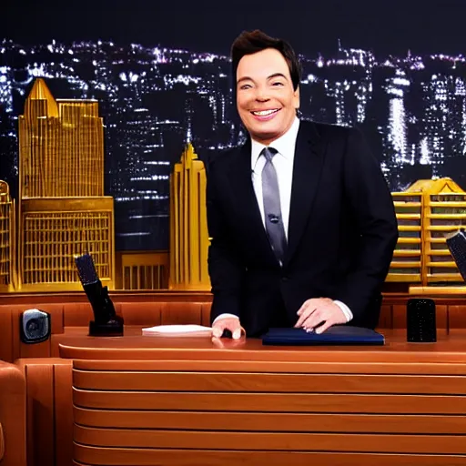 Image similar to evil hooded jimmy fallon in his evil lair