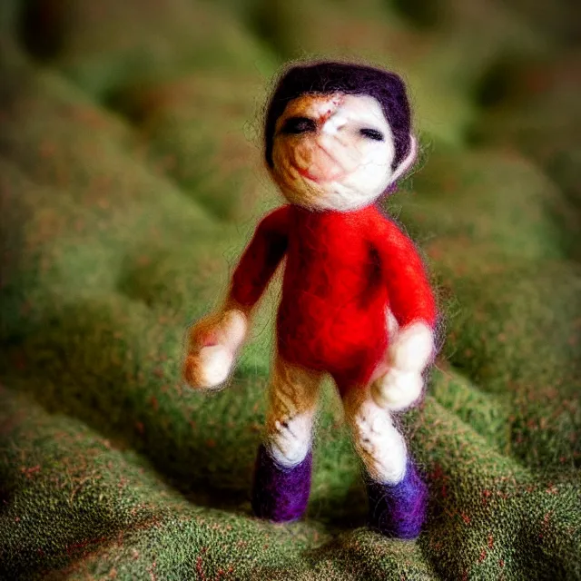 Prompt: needle felted person fighting, highly detailed, tilt shift, cute, hyperrealism, highly textured, god rays