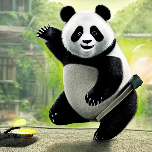 Image similar to a ninja panda in a pixar movie fighting robots