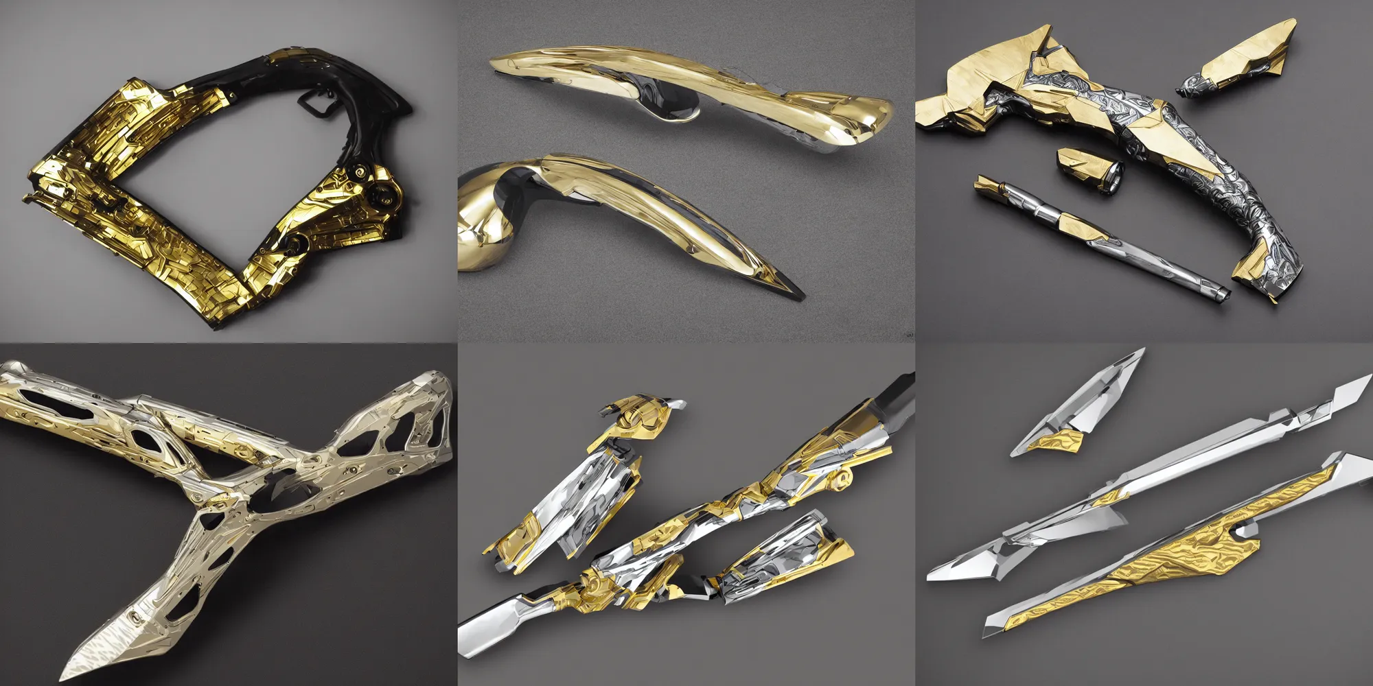 Prompt: intricate futuristic weapon made of brushed metal, chrome and carbon, gold linings