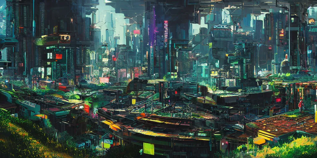 Image similar to a cinematic composition depicting : a computer run cyberpunk and solarpunk world, viewed from the cyberpunk mountain overlooking a hopeful and lush foresty solarpunk valley