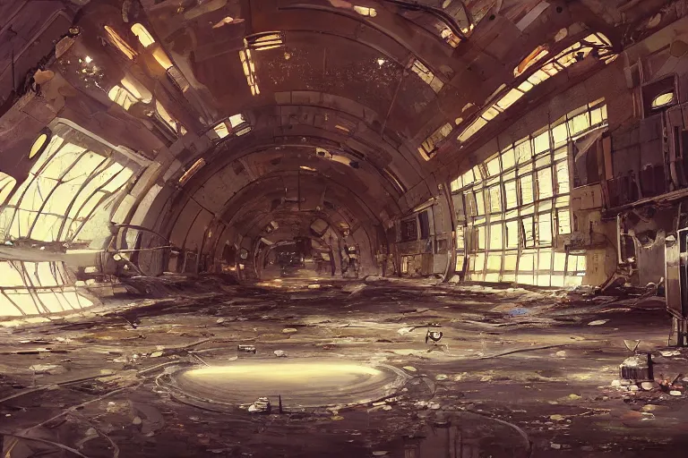 Image similar to A beautiful painting of inside in abandoned rusty space station from kindzadza, Trending on artstation.