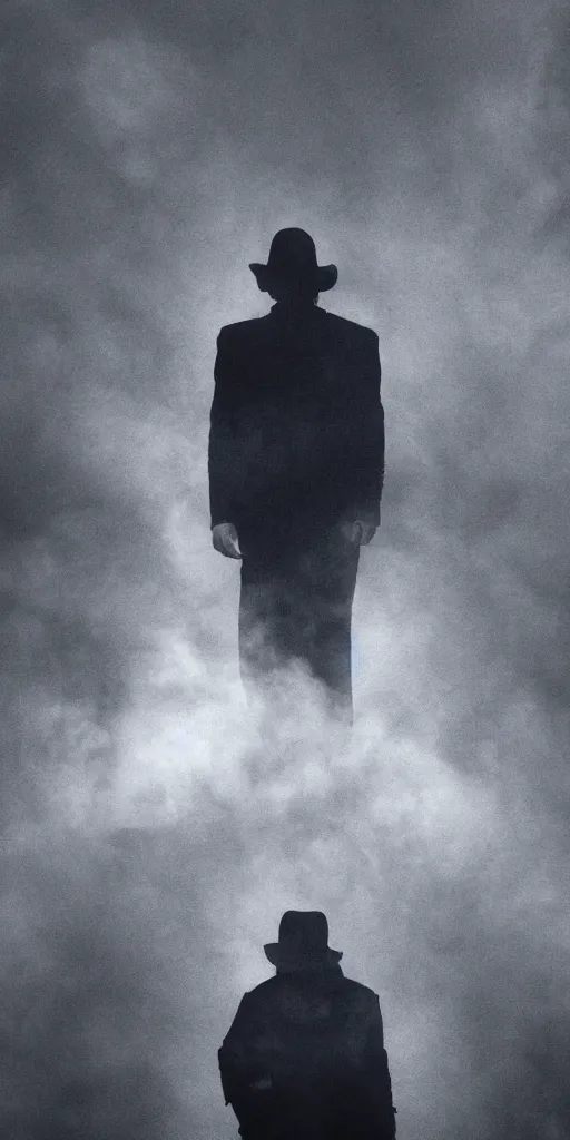 Image similar to mysterious man in black suit and black hat, he has a pistol, smoke, fog, mysterious, 4 k, highly detailed, digital art, strong shadows, high contrast, epic scene, atmospheric, blue colours, old photograph