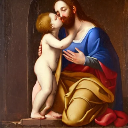 Image similar to an oil panting of a jesus kissing maria maddalena