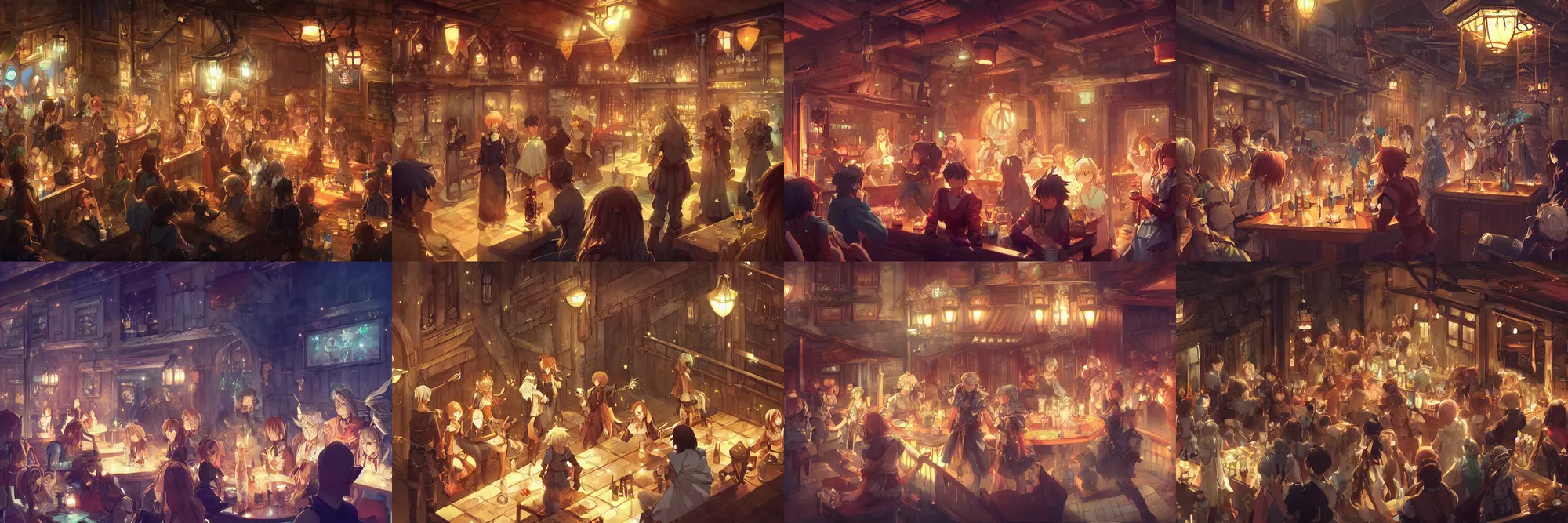 Prompt: Digital anime art by WLOP and Mobius, A fantasy tavern with an upper balcony, filled with adventuring men and women, cute waitresses, very crowded, drinking mead, highly detailed, intriguing lighting