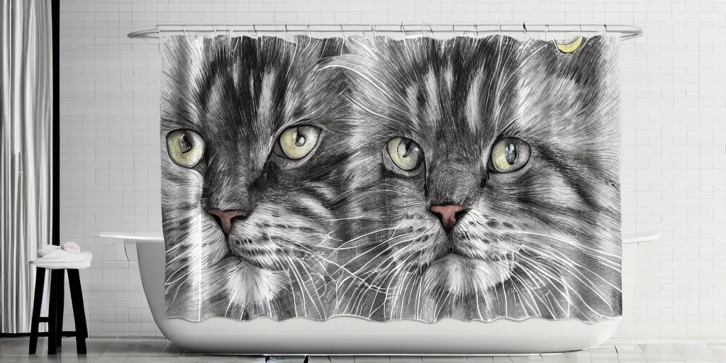 Image similar to shower curtain product catalog. on the curtain is a watercolor with ink under drawing of one maine coon kitten with a toy. wide - angle product photography, product lighting. 4 k, highly detailed. saturated.