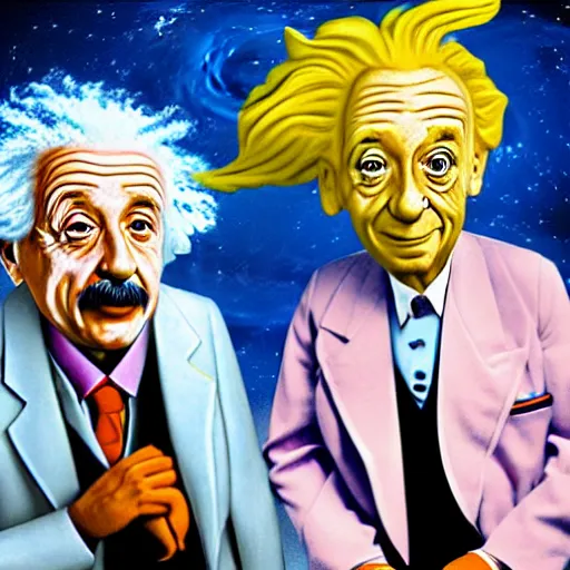 Prompt: Albert Einstein and Salvador Dali a Big Mac on the moon, trending on artstation