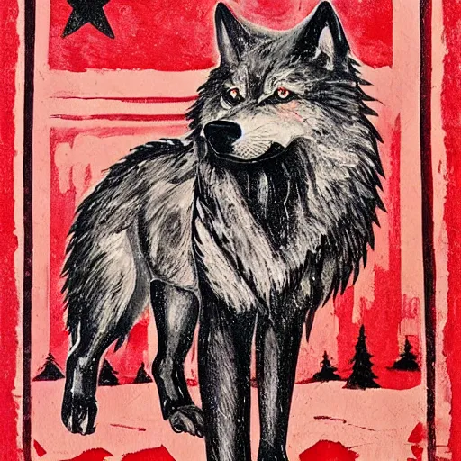 Image similar to communist wolf, soviet propaganda painting