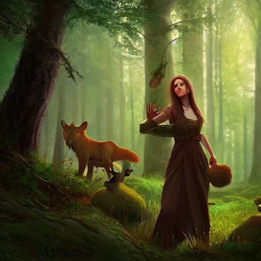 Image similar to a pretty female druid surrounded by forest animals, in the woods, hyper realistic, digital painting, photorealistic, in the style of greg rutkowski, detailed face