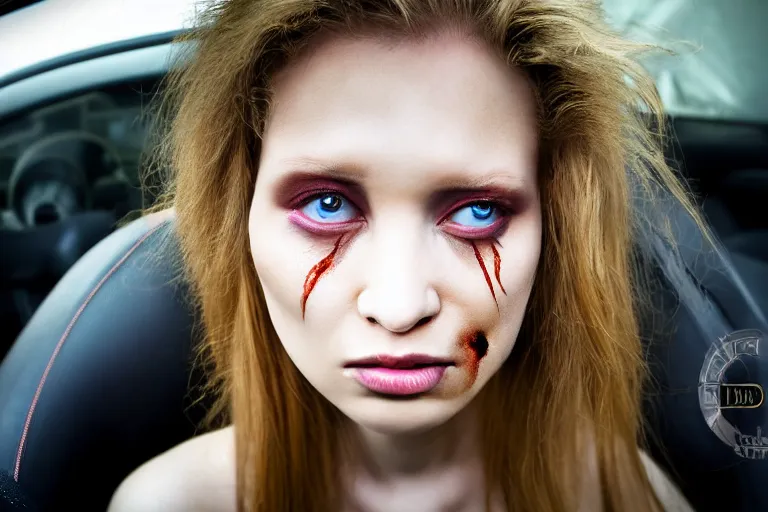 Prompt: mid shot portrait of a stunningly pretty young woman, sitting in her car, stuck in a traffic jam, tears, frustration, in the style of David cronenberg ,scary, weird, surprising, realistic, sharp focus, 8k high definition, medium format film photography, photo realistic, insanely detailed, intricate, elegant, art by les edwards and David kostic and stanley lau and artgerm