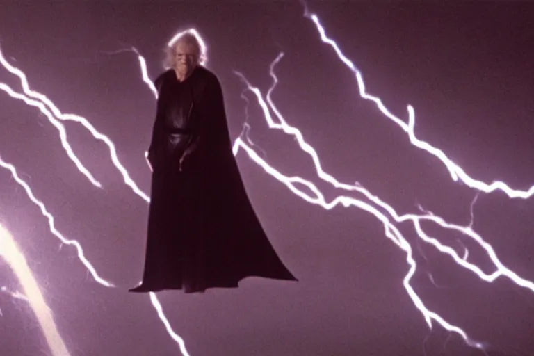 Prompt: (a cinematic still from return of the jedi!!), palpatine force lightning