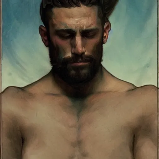 Prompt: portrait of depressed gigachad, male, muscular, handsome D&D, concept art, art by Greg Rutkowski and Alphonse Mucha