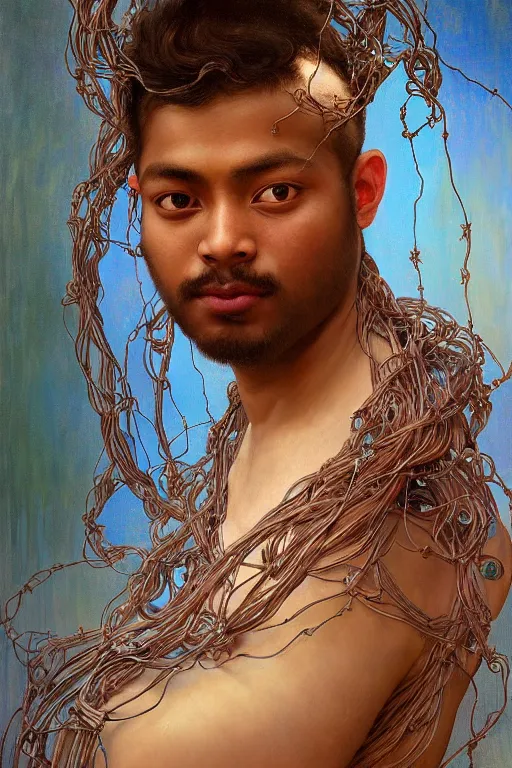 Prompt: hyperrealist portrait of indian elijah zu bailey, it is decorated with long wires that fall like vines and wears small computers over their body. by jeremy mann and alphonse mucha, fantasy art, photo realistic, dynamic lighting, artstation, poster, volumetric lighting, very detailed faces, 4 k, award winning