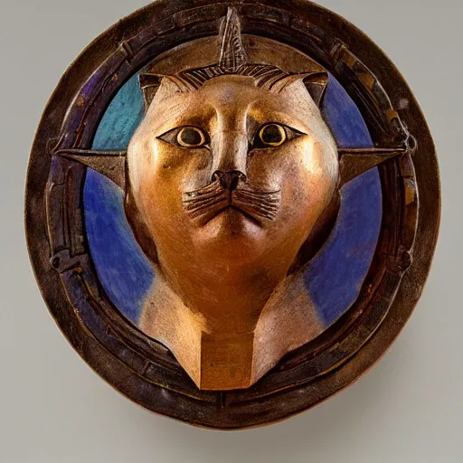 Prompt: sacred ancient polychrome cat head sculpture, by annie swynnerton and diego rivera and nicholas roerich and jean delville, symbolist, dramatic lighting, god rays, elaborate geometric ornament, art brut, rich colors, smooth sharp focus, extremely detailed, adolf wolfli