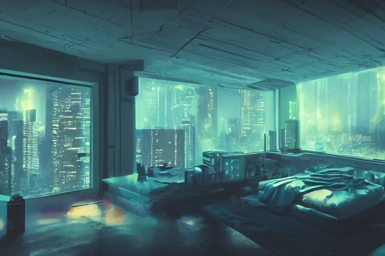 Image similar to futuristic bedroom, brutalist, ceiling high windows, cyberpunk, cityscape, neon lights, night, raining, volumetric light