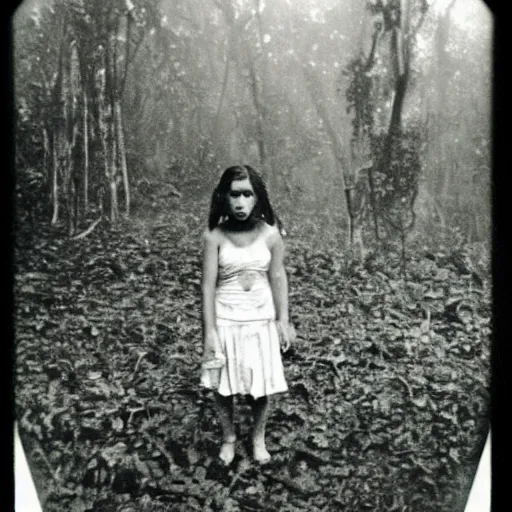 Image similar to an ancient evil-girl devouring the human souls on a mysterious Colombian jungle, mist, abandoned house, 1910 polaroid photography, grainy film, Black and white