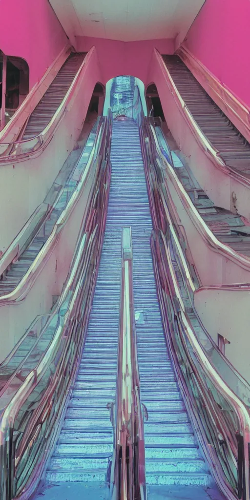 Prompt: 1980s color magazine photo of an escalator in an abandoned mall with pink walls, with interior potted palm trees, decaying dappled sunlight, cool purple lighting