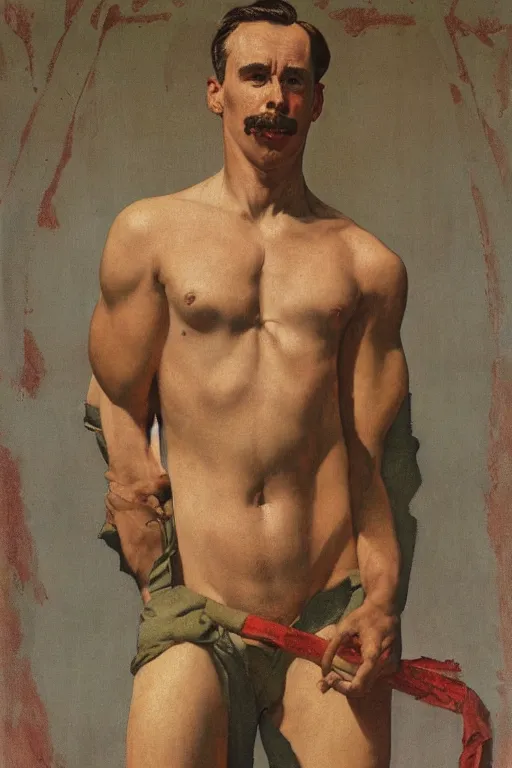 Image similar to body portrait of Tom of Finland, colour painting by norman rockwell, guidi prime background by carl spitzweg