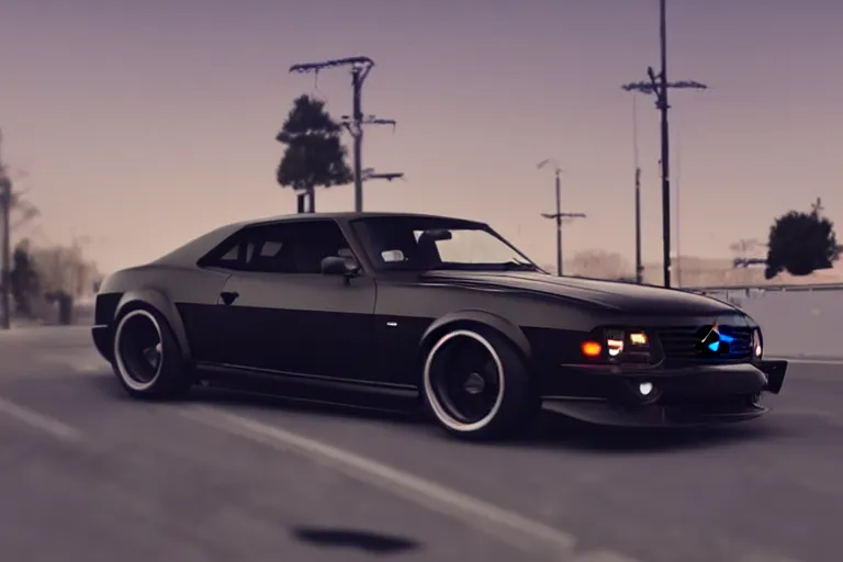 Image similar to widebody all black audi camaro b 7 ( 1 9 6 9 ) modernized, need for speed : carbon, at night, sci - fi, neon lines, phonk music background, smoke behind wheels, noise, dark, establishing shot, by simon stalenhag