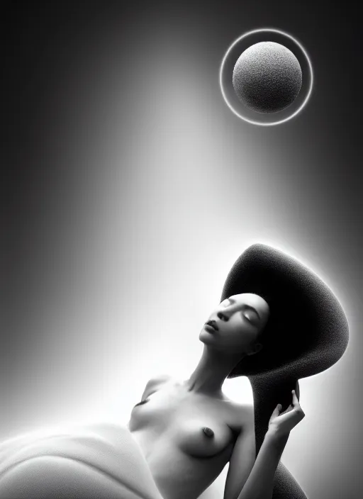 Prompt: surreal mythical dreamy dark artistic black and white fine art fashion portrait photo of a young beautiful delicate female ai giving birth to the new world, spiritual, halo, glory, rim light, cinematic, studio dramatic light, poetic, masterpiece, octane render, 8 k, photo - realistic by dora maar man ray