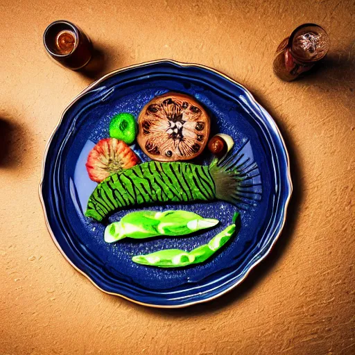 Prompt: unknown aquative animals, highly detailed render, displayed on a dinner plate, 8K HD, food photography