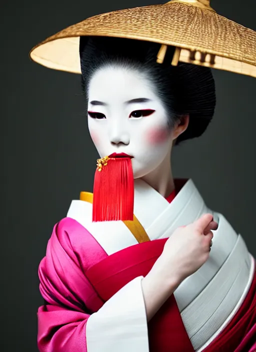 Prompt: female geisha girl, beautiful face, rule of thirds, intricate outfit, spotlight