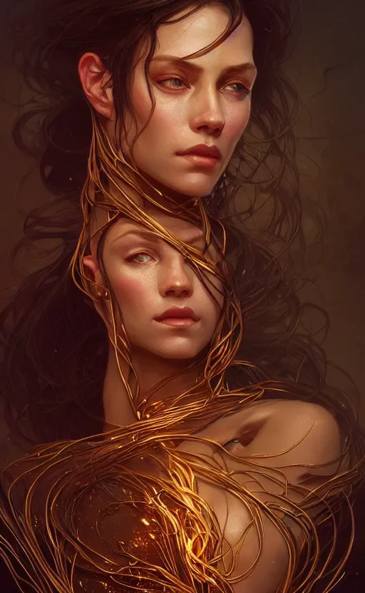 Image similar to portrait of a dark goddess, gold wires, visible veins and nerves, intricate, headshot, highly detailed, digital painting, artstation, concept art, sharp focus, cinematic lighting, illustration, art by artgerm and greg rutkowski, alphonse mucha, cgsociety