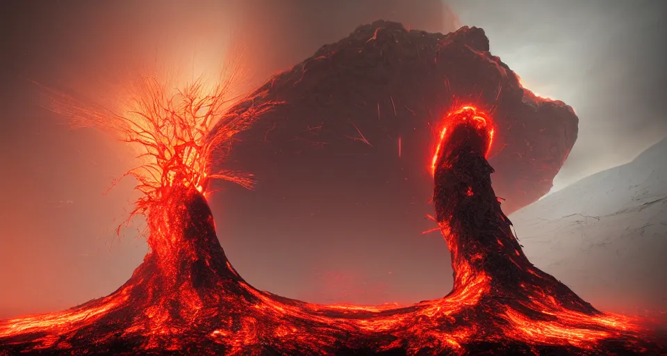 Image similar to a volcano made of ivory vines and crimson rocks enters in eruption, it spits a smoke in the shape of demonic eye, by filip hodas