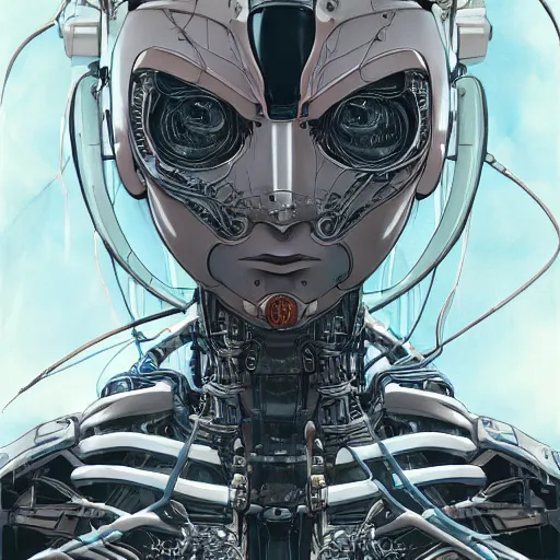 Image similar to beautiful and ultradetailed female cyborg painted in miyazaki color style drawn by tsutomu nihei, high detail, intricate linework, sharp, ghost in the shell, smooth face, china doll face, high detail, manga and anime