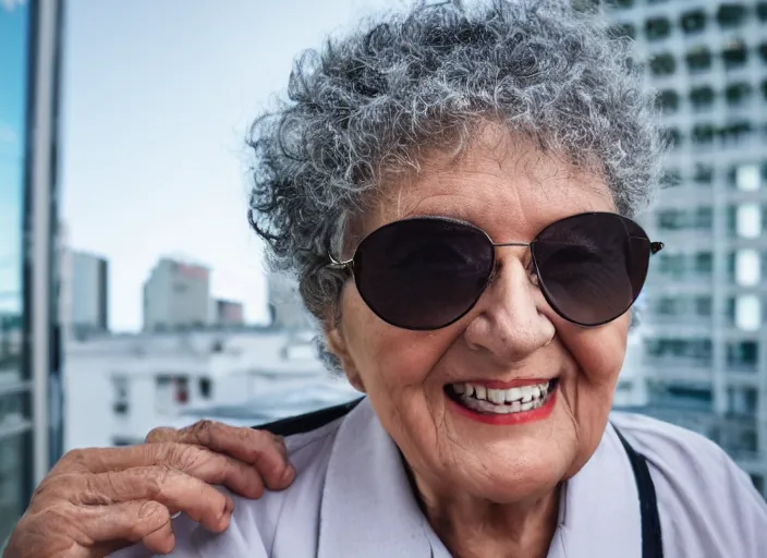 Prompt: an old lady with curly gray hair wearing dark aviator sunglasses standing in front of a bank