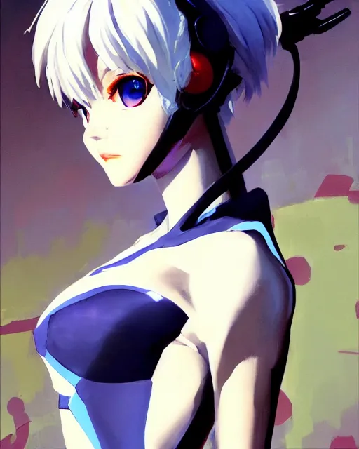 Prompt: greg manchess anime style portrait painting of rei ayanami as an overwatch character, medium shot, asymmetrical, profile picture, organic painting, sunny day, matte painting, bold shapes, hard edges, street art, trending on artstation, by huang guangjian and gil elvgren and sachin teng