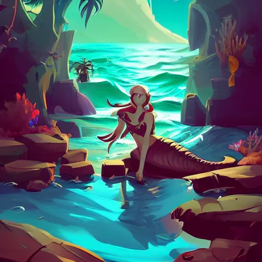 Image similar to painting mermaid treasure on sea of thieves game avatar hero smooth face median photoshop filter cutout vector, behance hd by jesper ejsing, by rhads, makoto shinkai and lois van baarle, ilya kuvshinov, rossdraws global illumination