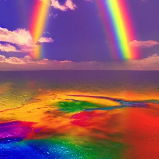 Image similar to god spills multicolored rainbow iridiscent water rivers from a sky, fantasic rain, render, octane render, 3 d, unreal engine, raytracing, 8 k