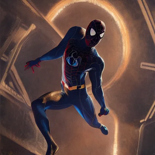 Image similar to ryan reynolds as a black and blue suit spider - man, cinematic, volumetric lighting, f 8 aperture, cinematic eastman 5 3 8 4 film, photorealistic by greg rutkowski, by stanley artgerm, by alphonse mucha