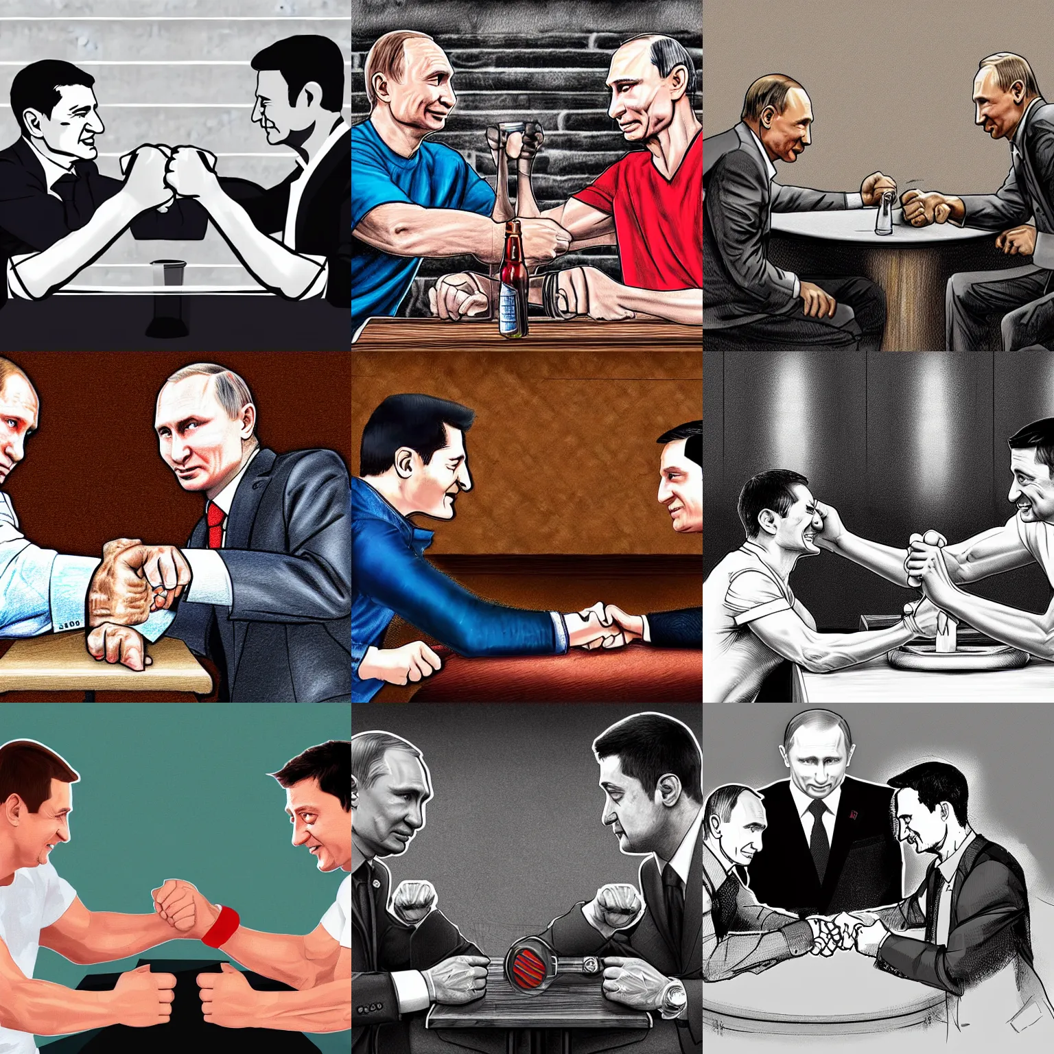 Prompt: vladimir putin and volodymyr zelensky arm wrestling in a bar, realistic digital drawing