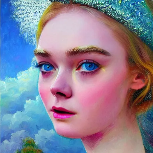 Prompt: professional painting of Elle Fanning in the style of Victor Nizovtsev, head and shoulders portrait, symmetrical facial features, smooth, sharp focus, illustration, intricate, stormy weather, extremely detailed masterpiece,