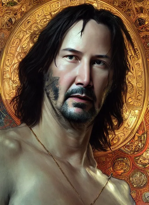 Image similar to Keanu Reeves as God of Beauty, brutal, fantasy, intricate, elegant, highly detailed, digital painting, 4k, HDR, concept art, smooth, sharp focus, illustration, art by alphonse mucha,artgerm, H R Giger