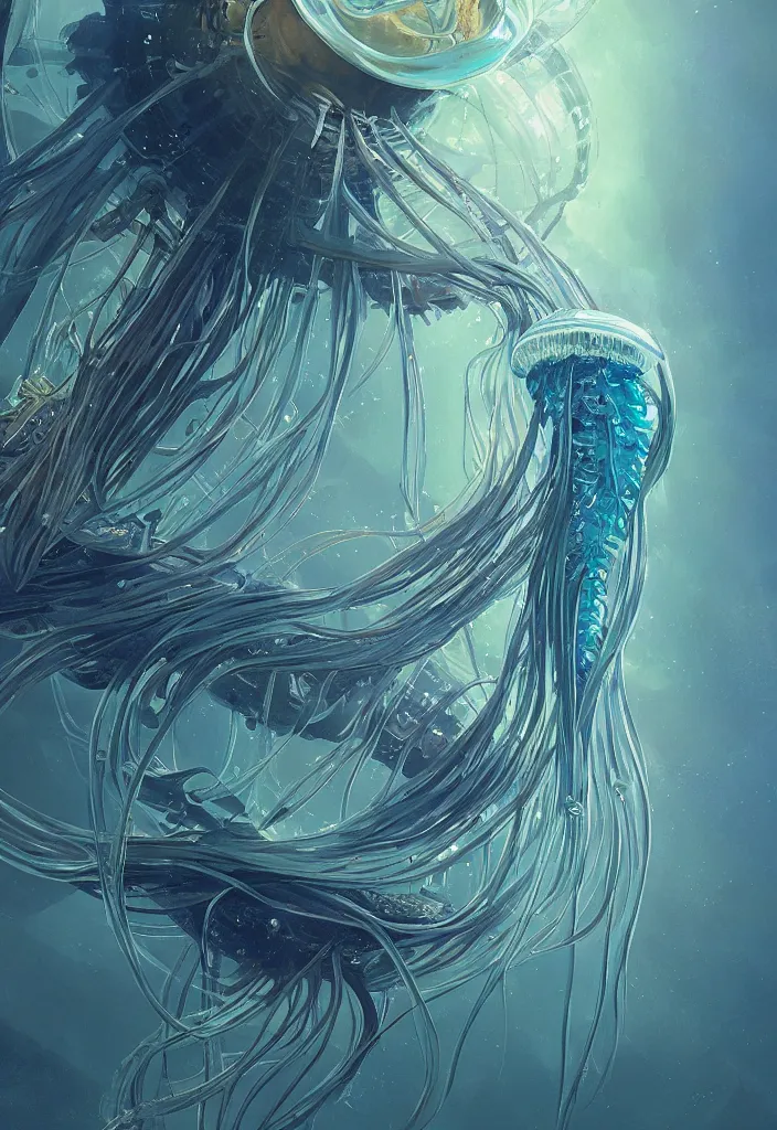 Image similar to Panorama hyper detailed painting of a cyberpunk jellyfish, blue tones, underwater, 8 mm, highly detailed, digital painting, artstation, concept art, smooth, sharp focus, illustration, art by artgerm and greg rutkowski and alphonse mucha