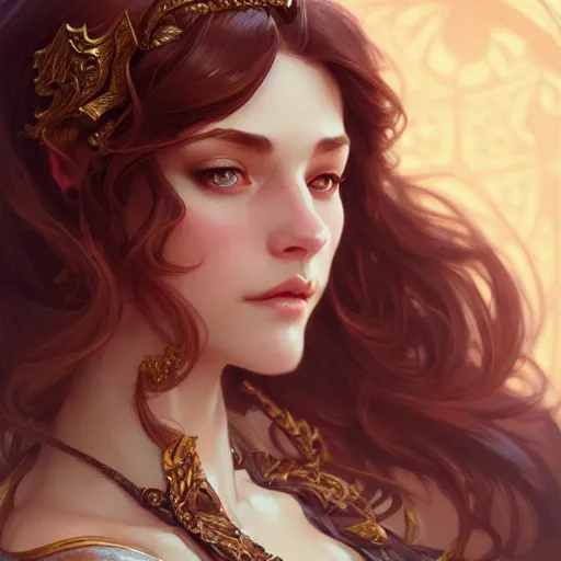 Image similar to aristocrat, female, d & d, fantasy, intricate, elegant, highly detailed, brown hair, digital painting, artstation, octane render, concept art, matte, sharp focus, illustration, hearthstone, art by artgerm, alphonse mucha johannes voss