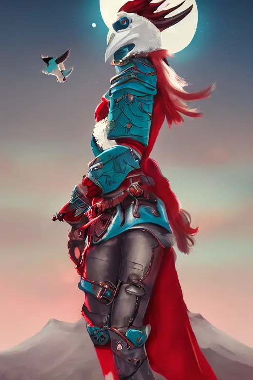 Image similar to female adventurer in tight full - body teal leather armor of japanese design with red accents and a white porcelain crow mask, trending in artstation, japanese, artstation, big moon in the background, establishing shot