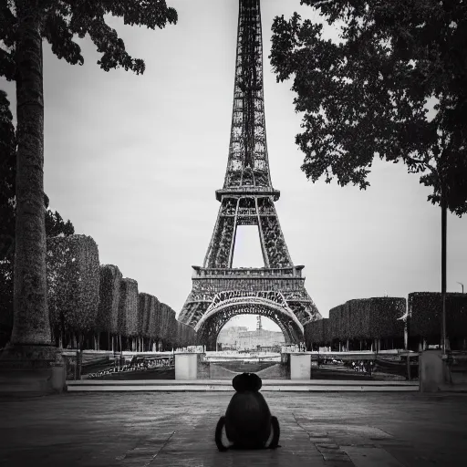 Image similar to high quality portrait of a monkey in front of eiffel tower, studio photograph, photograph, realistic photo, 8k photo, 4k photo, stock photo, high resolution, cinematic shot, high detail