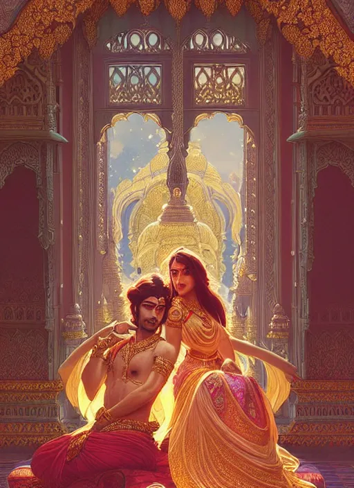 Image similar to an indian prince and princess in a palace, shiny, fantasy, intricate, elegant, hyper detailed, ultra definition, photoreal, artstation, unreal engine rendered, concept art, smooth, sharp focus, illustration, art by artgerm and greg rutkowski and alphonse mucha and garis edelweiss