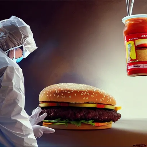 Image similar to Christopher Walken performing emergency surgery on a big mac hamburger, dripping BBQ Sauce, operating on burgers, operating room, surgical gear, intricate, elegant, highly detailed, digital painting, artstation, concept art, matte, sharp focus, illustration, art by Artgerm and Greg Rutkowski and Alphonse Mucha