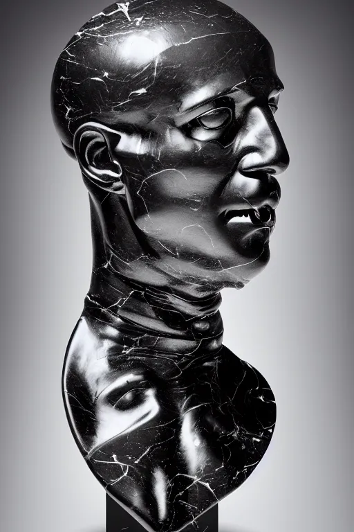 Image similar to polished black marble bust of a man with half skull statue hiding his face under a red velvet veil, sculpted by hedi xandt, epic and cinematic view, volummetric light, texturized, detailed, 8 k