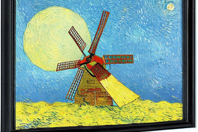 Image similar to windmill on the surface of the moon, circus, magical, warm light by van gogh