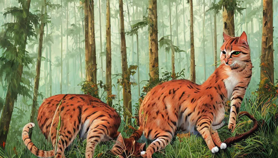 Prompt: highly detailed contemporary acrylic painting of really tall sitting cats by greg tocchini, thick brush strokes and visible paint layers, dense overgrown forest background, vivid pastel color scheme