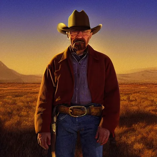 Prompt: walter white as a cowboy in a western town, golden hour, cinematic, digital art